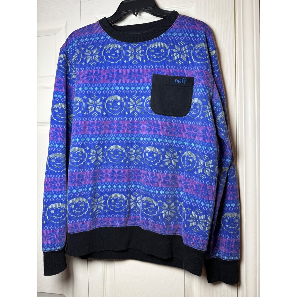 Neff‎ Smiley Face Fair Isle Crewneck Sweatshirt Blue Purple Mens Small